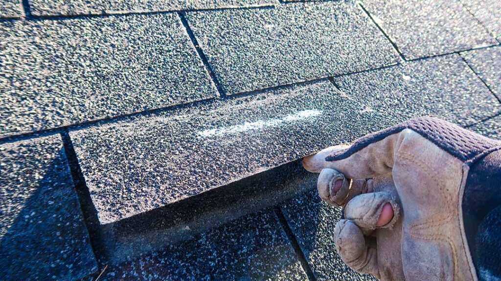 A homeowner using binoculars to inspect their roof for loose shingles and gutter debris on a breezy day.