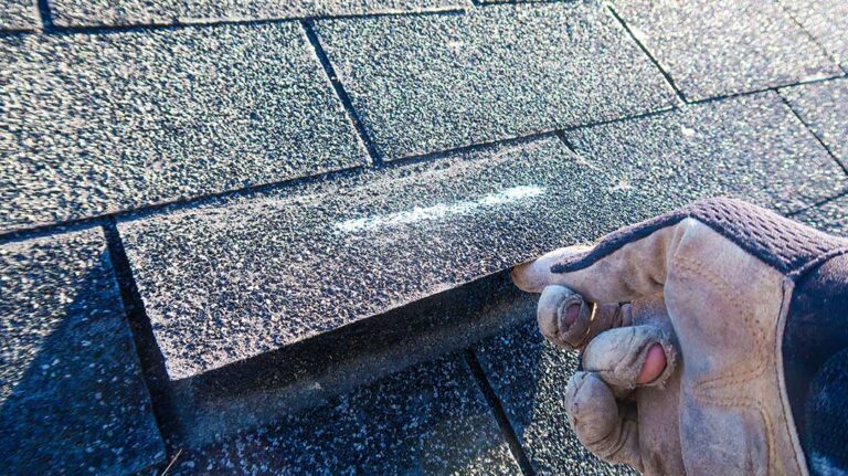 A homeowner using binoculars to inspect their roof for loose shingles and gutter debris on a breezy day.